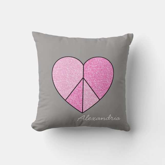 Glitter Peace Sign Heart Throw Pillow (Front)