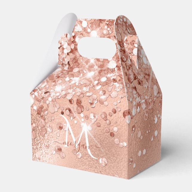 Glitter Peach Rose Gold Monogram Favor Box (Front Side)