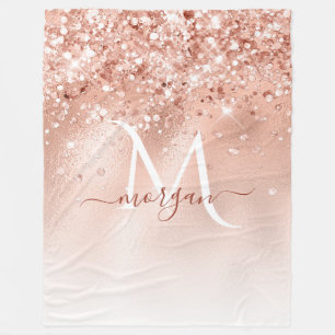 Glitter Peach Rose Gold Monogram Fleece Blanket