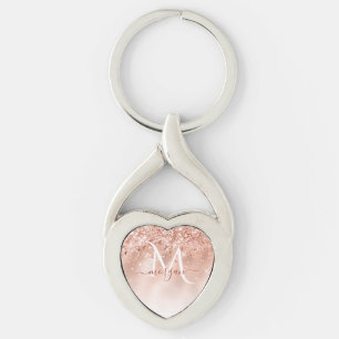 Glitter Peach Rose Gold Monogram Keychain