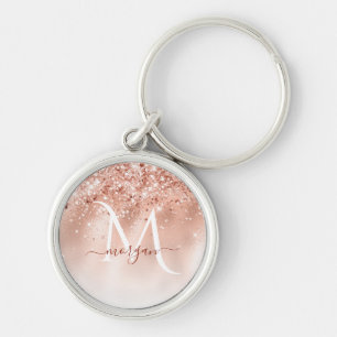 Glitter Peach Rose Gold Monogram Keychain
