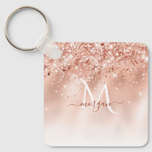 Glitter Peach Rose Gold Monogram Keychain