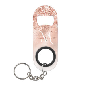Glitter Peach Rose Gold Monogram Keychain Bottle Opener