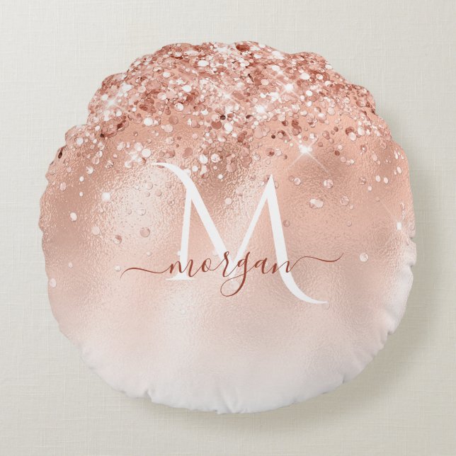 Glitter Peach Rose Gold Monogram Round Pillow (Front)