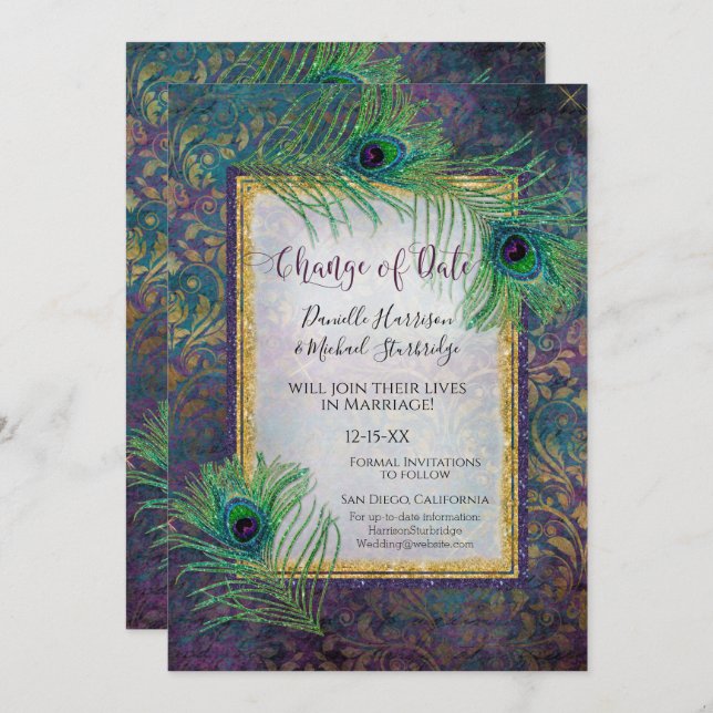 Glitter Peacock Feather Purple Photo Date Change Save The Date (Front/Back)