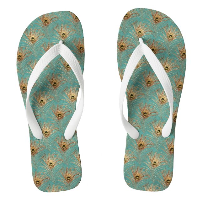 Glitter Peacock Feathers Pattern   Flip Flops (Footbed)