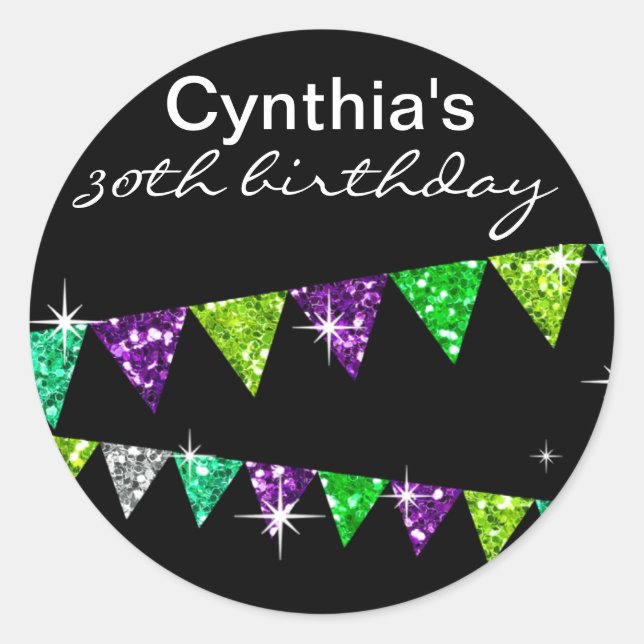 Glitter Pennant Flags 30th Birthday Celebration Classic Round Sticker (Front)