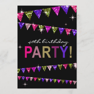 Glitter Pennant Flags 40th Birthday Celebration Invitation