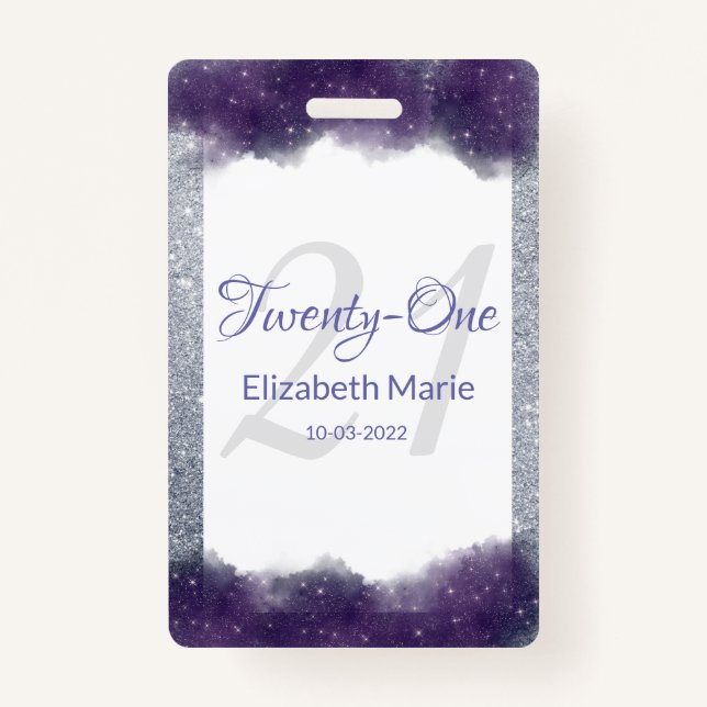 Glitter Personalized Purple Silver 21st Birthday Badge (Front)