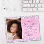 Glitter Photo Sweet 16 Birthday Party Invitation<br><div class="desc">Budget-friendly pretty,  glamourous and girly sweet 16 birthday party invitation with sparkly holographic purple,  pink and silver faux glitter confetti along the borders on a pink background,  her photo,  and "Sweet Sixteen" and her name in a soft grey trendy script.</div>