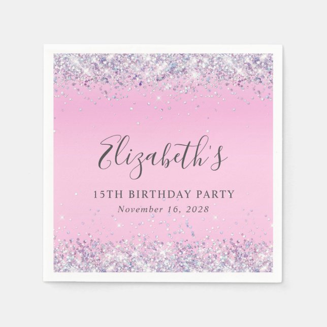 Glitter Pink 15th Birthday Party Napkins (Front)