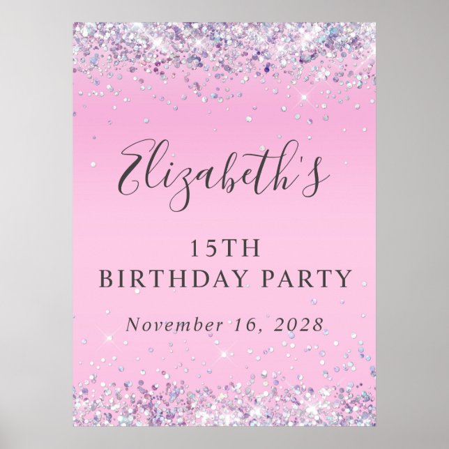 Glitter Pink 15th Birthday Party Poster (Front)