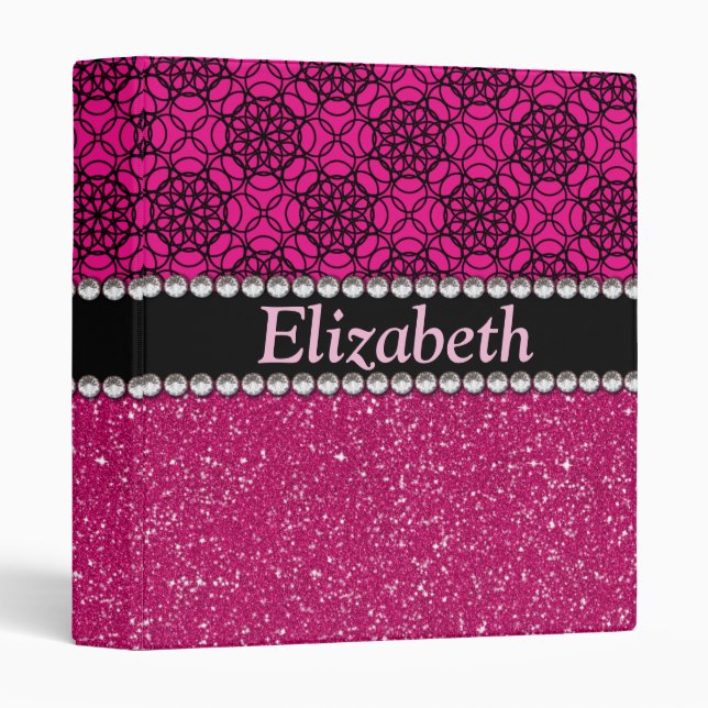 Glitter Pink and Black Pattern Rhinestones Binder (Front/Spine)