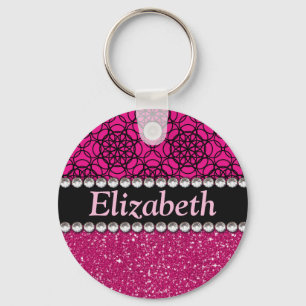 Glitter Pink and Black Pattern Rhinestones Keychain