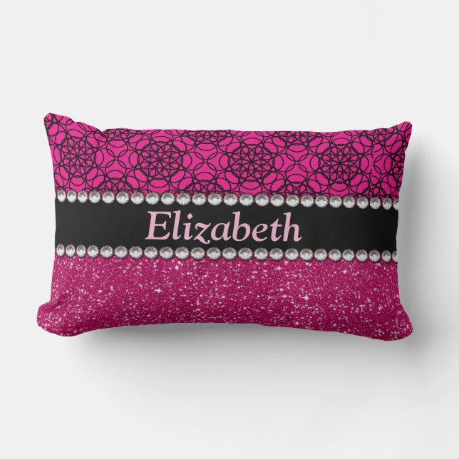 Glitter Pink and Black Pattern Rhinestones Lumbar Pillow (Front)