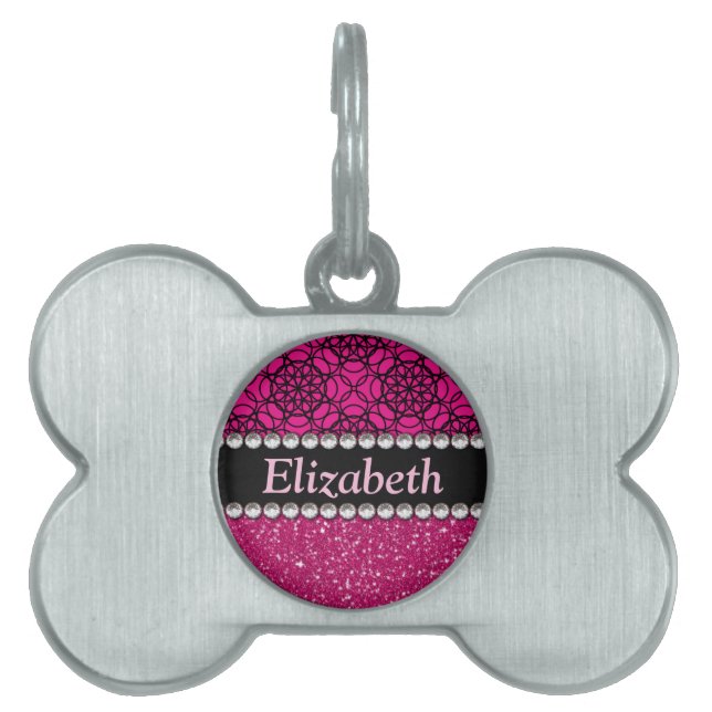 Glitter Pink and Black Pattern Rhinestones Pet Tag (Front)