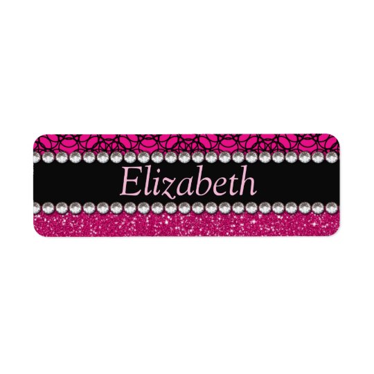 Glitter Pink and Black Pattern Rhinestones Return Address Label