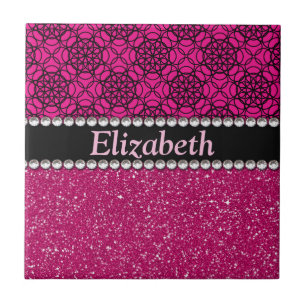 Glitter Pink and Black Pattern Rhinestones Tile
