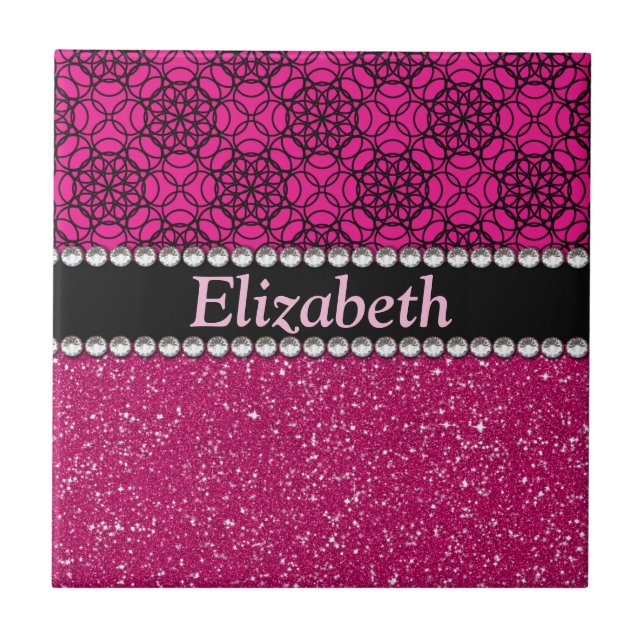 Glitter Pink and Black Pattern Rhinestones Tile (Front)