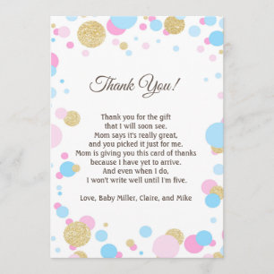 Glitter Pink Baby Shower Thank You Card Note Blue