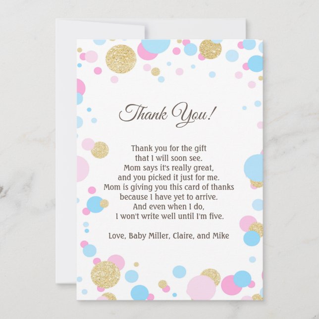 Glitter Pink Baby Shower Thank You Card Note Blue (Front)