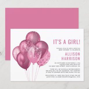 Glitter Pink Balloons Drive By Baby Girl Shower Invitation