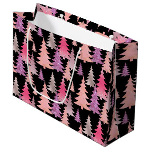 Glitter Pink Black Christmas Tree Pattern Large Gift Bag