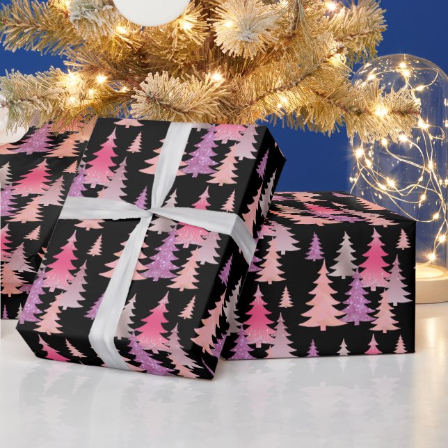 Glitter Pink Black Christmas Tree Pattern Wrapping Paper (Holidays)