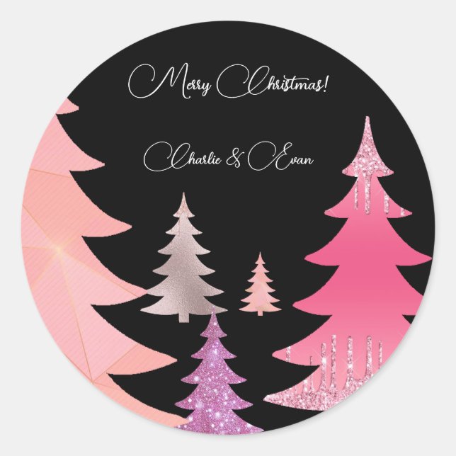 Glitter Pink Black Monogram Classic Round Sticker (Front)