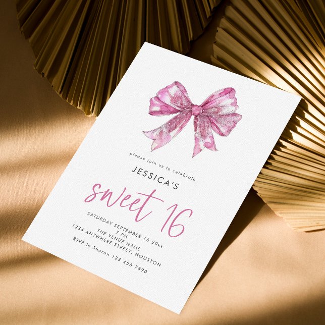 Glitter PInk Bow Sweet 16 Birthday Party Invitation (Creator Uploaded)