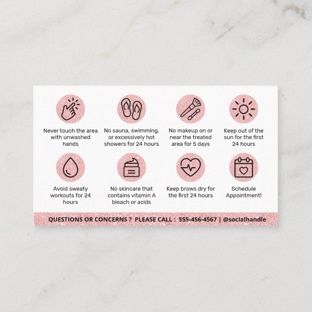 Glitter Pink Brows Aftercare PMU Brow Instructions Business Card (Back)