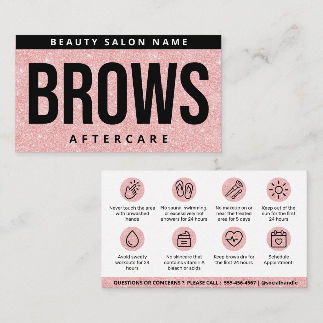 Glitter Pink Brows Aftercare PMU Brow Instructions Business Card (Front/Back)
