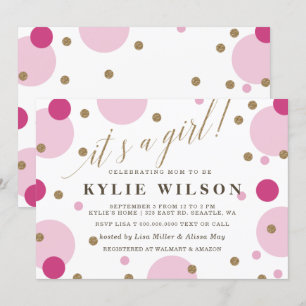 Glitter Pink Confetti Its a Girl Baby Shower  Invitation