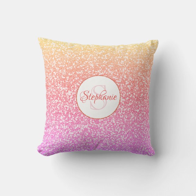 Glitter Pink Coral Rose Gold Round Monogram Throw Pillow (Front)