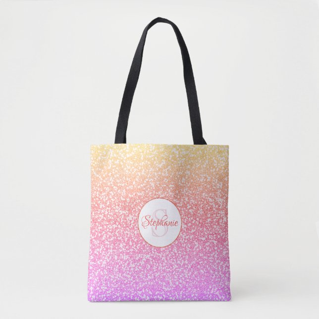 Glitter Pink Coral Rose Gold Round Monogram Tote Bag (Front)