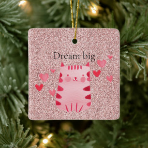 Glitter Pink Cute Cat Hearts Ceramic Ornament