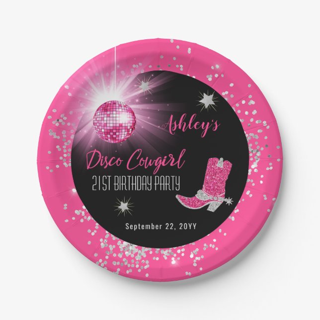Glitter Pink Disco Cowgirl 21st Birthday Party Paper Plate (Front)