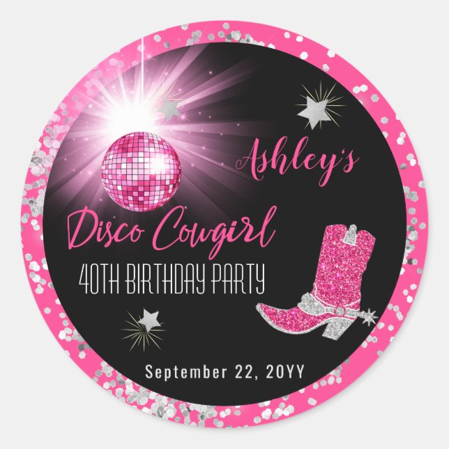 Glitter Pink Disco Cowgirl 40th Birthday Party Classic Round Sticker (Front)