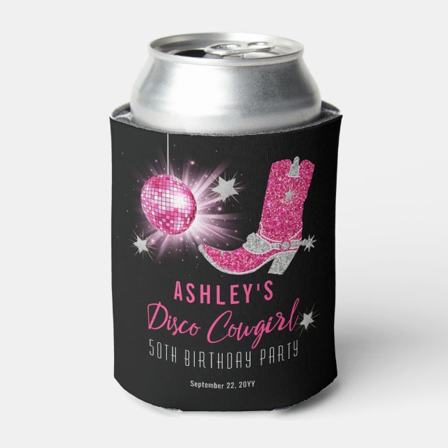 Glitter Pink Disco Cowgirl 50th Birthday Party Can Cooler (Can Front)