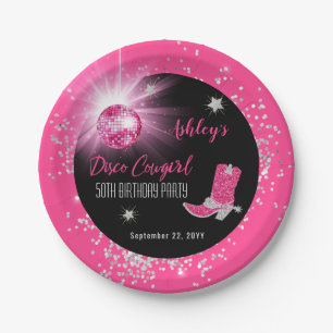 Glitter Pink Disco Cowgirl 50th Birthday Party Paper Plate