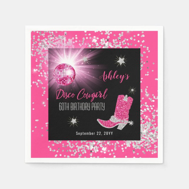 Glitter Pink Disco Cowgirl 60th Birthday Party Napkin (Front)