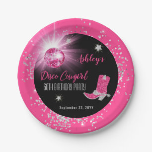Glitter Pink Disco Cowgirl 60th Birthday Party Paper Plate