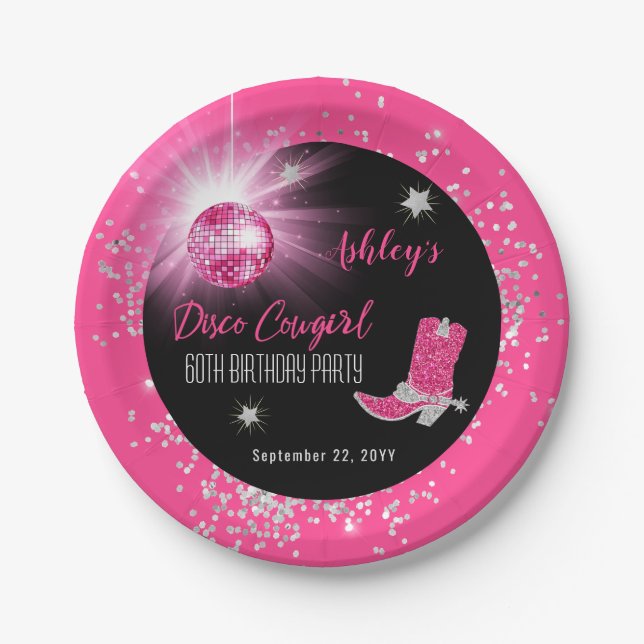 Glitter Pink Disco Cowgirl 60th Birthday Party Paper Plate (Front)