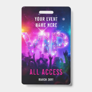 Glitter pink disco VIP concert all access event Badge