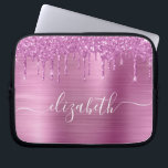 Glitter Pink Drips Monogrammed Laptop Sleeve<br><div class="desc">Monogrammed chic and girly laptop sleeve featuring pink faux glitter drips and a pink brushed background. Personalize with your name in a stylish trendy white script with swashes.</div>