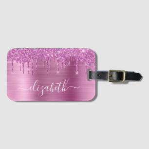 Glitter Pink Drips Monogrammed Luggage Tag