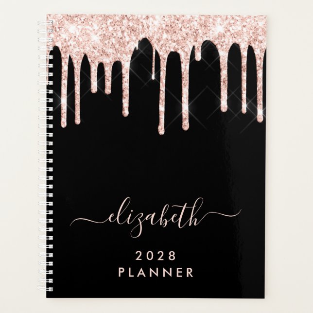 Glitter Pink Drips Personalized Black Planner (Front)