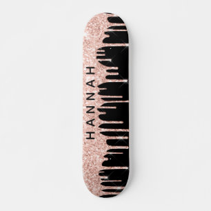 Glitter Pink Drips Personalized Black Skateboard