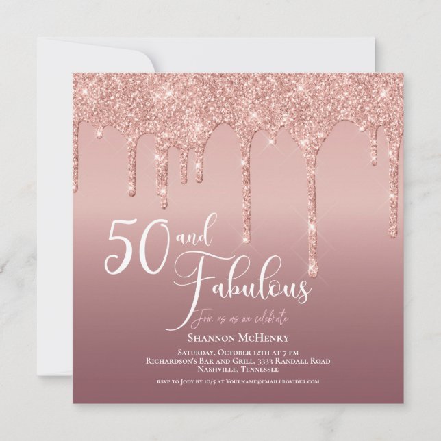 Glitter Pink Fifty and Fabulous Birthday Script Invitation (Front)