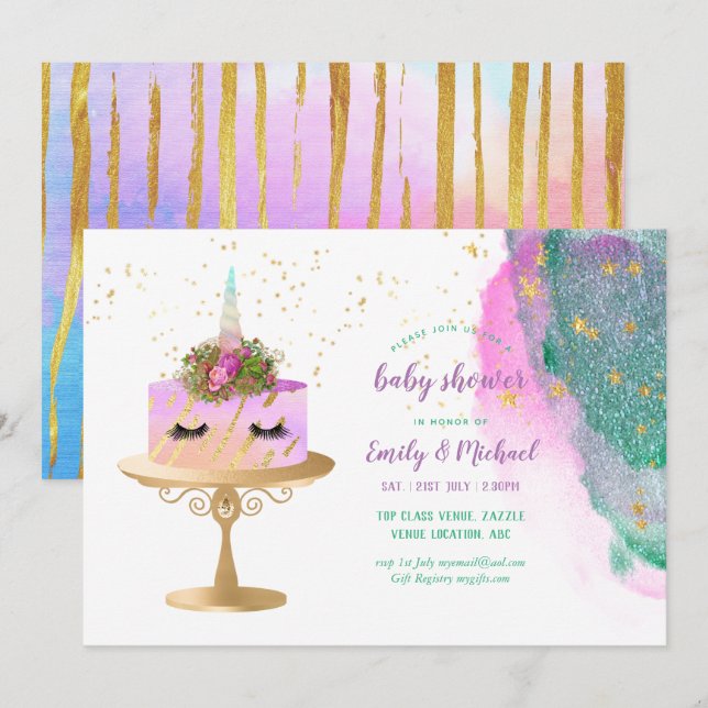 Glitter Pink Gold Unicorn Cake BABY SHOWER Girl Invitation (Front/Back)